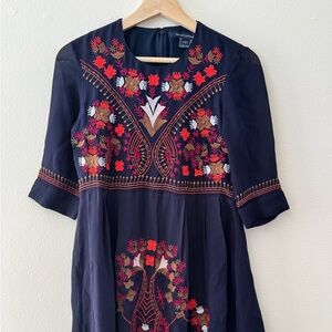 French Connection Navy Embroidered Boho Dress | 3/4 Sleeve